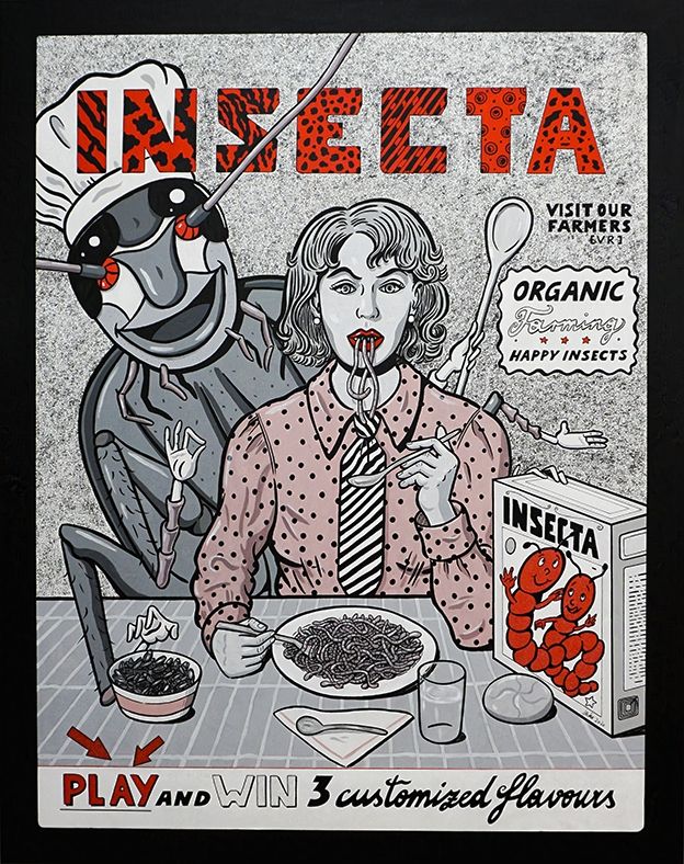 artwork by Michaela Konrad, painting, Acrylic painting on canvas, Insecta, Future Retro Ad, woman, cockroach, Comic Art, Future advertising, eating insects, eating worms, Augmented Reality, Artivive App, Austrian artist, artist from Vienna, Albertina collection