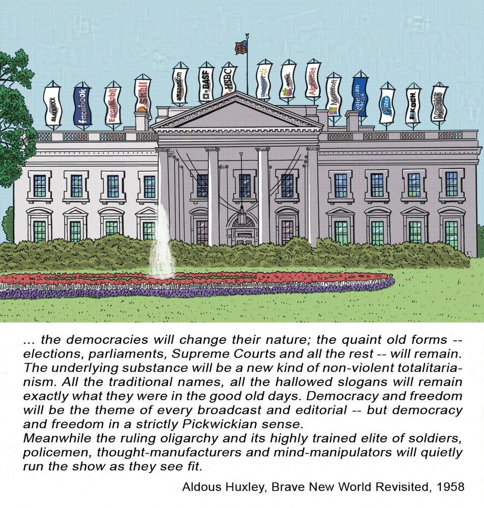 Artwork by Michaela Konrad, Pictures of Tomorrow, house, The White House, Aldous Huxley, Brave New World Revisited, Brave New World, Dystopia,broligarchy, oligarchy, democracy, totalitarianism, corporate assault on democracy, Tech Bros, Donald Trump, Elon Musk, Mark Zuckerberg