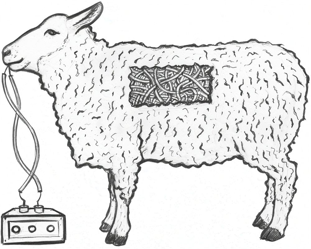 artwork by Michaela Konrad, pencil drawing, sheep, electric sheep, Do androids dream of electric sheep?, cyberpunk, blade runner, Peter Thiel, High tech - low life, big tech, billionaires