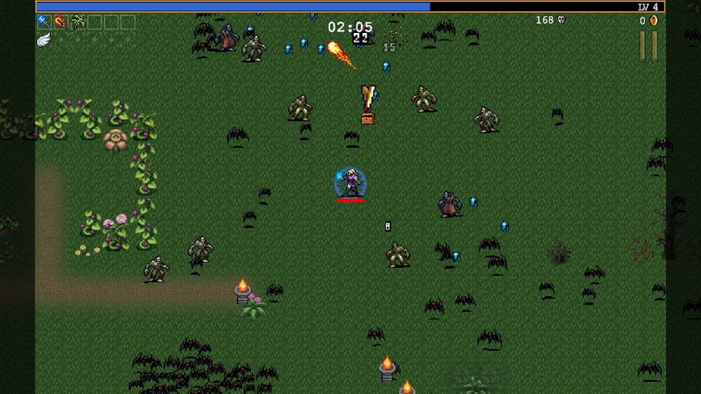 Screenshot from the Vampire Survivors. I play as Imelda, a sorceress. She's surrounded by vampire bats and undead, throwing fireballs at them.