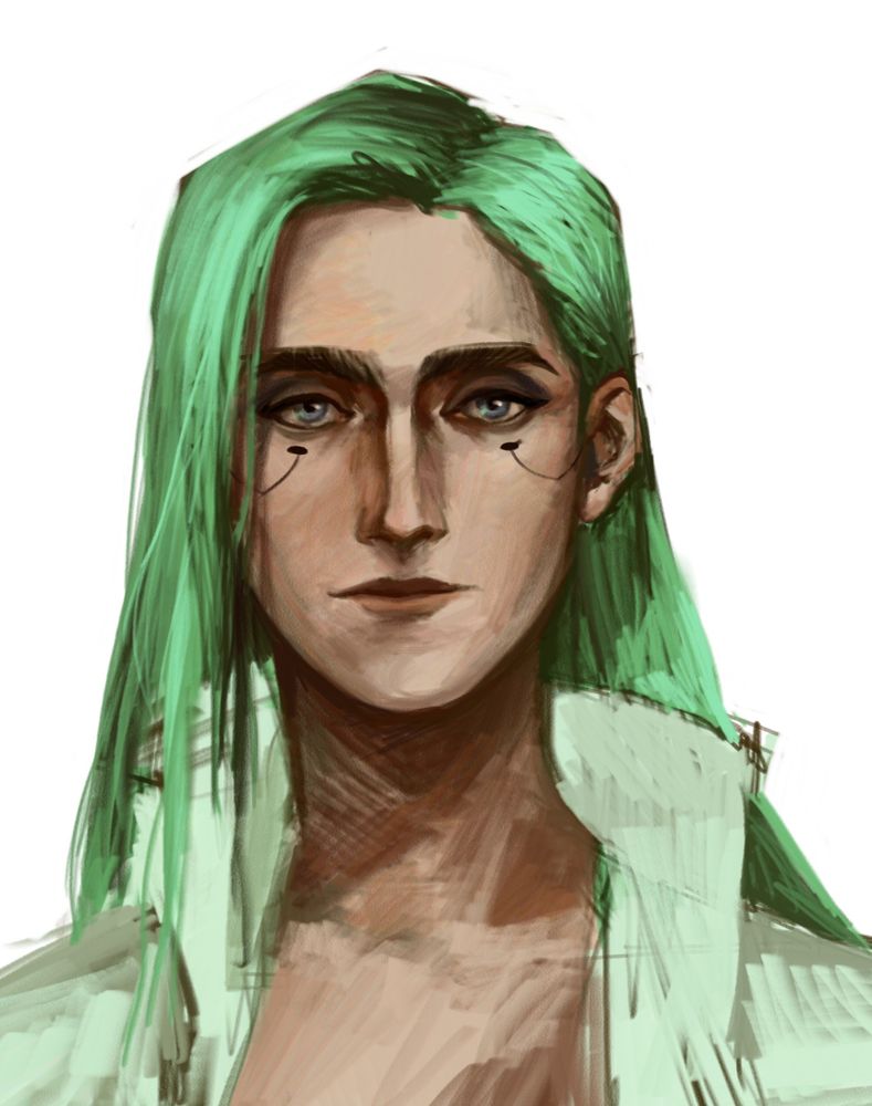 Another cyberpunk drawing of me by Korien. It's a close-up of my face. My hair is bright-green and long, skin is light, eyes are light-gray, with eyeliner, and eyebrows are black and thick. 
