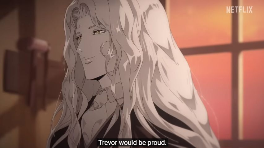 Second screenshot from the trailer of Castlevania Nocturne, Season 2. It's basically the same, but Alucard finished his line and now gently smiles with his very kissable lips.