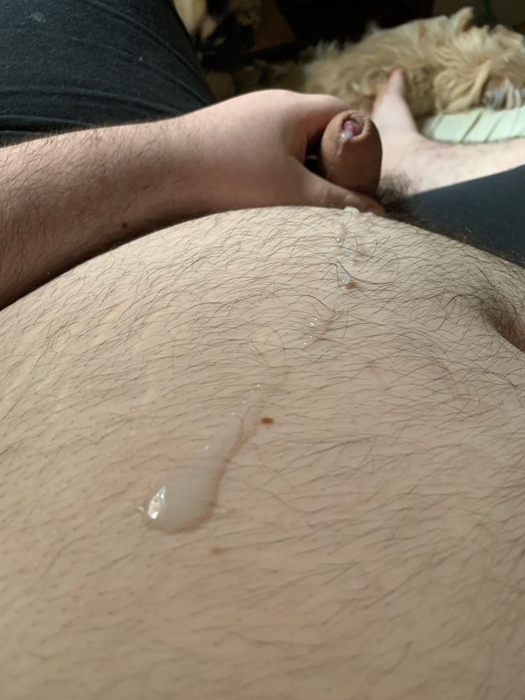 picture of my belly and dick with a streak of cum on