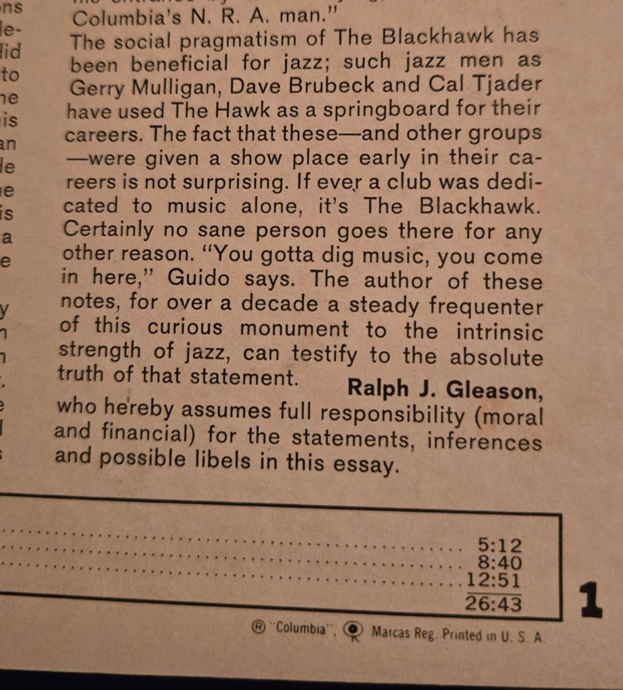 Back cover of same album. Conclusion of essay by Ralph Gleeson has him taking moral & financial responsibility for his statements.