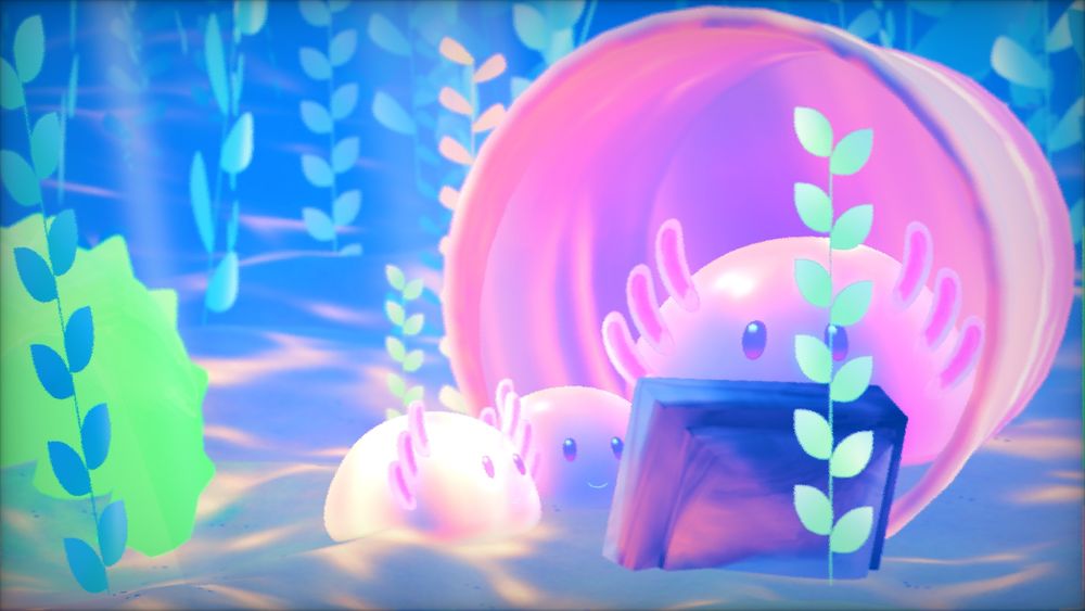 happy axolotl family inside a bucket watching tv