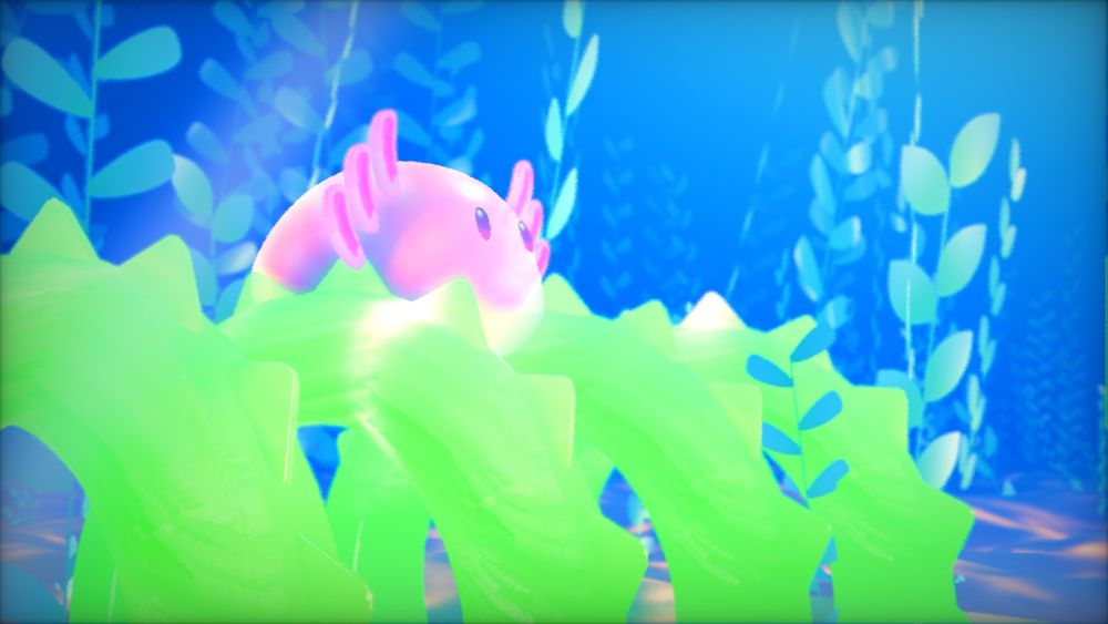 happy axolotl sitting on green decorations