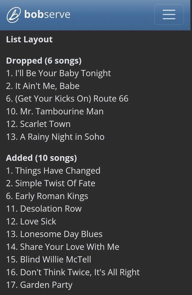 Recap in list format: Dropped 6 songs, added 10 songs
