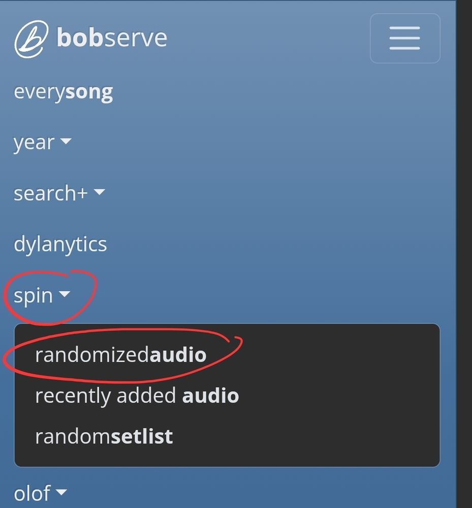 Bobserve. Com screenshot showing menu for how to access randomized audio page