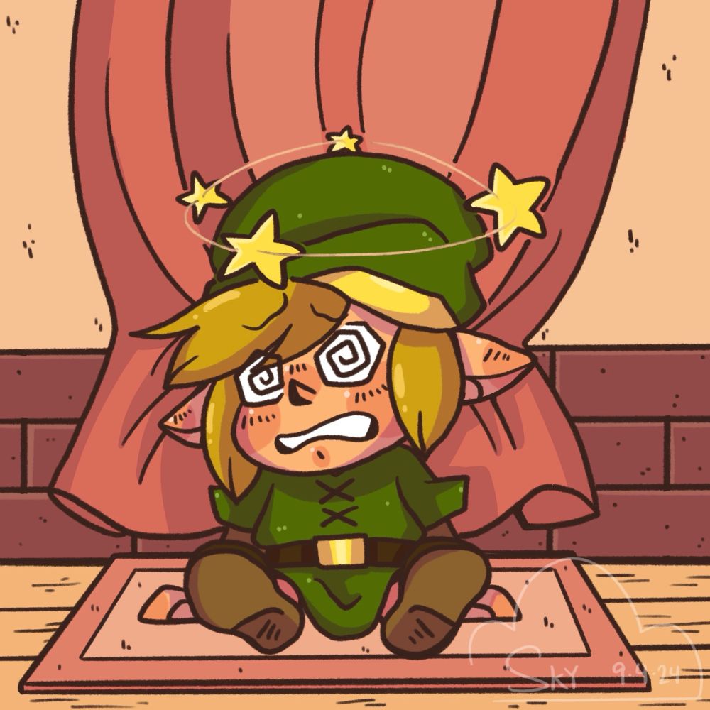 A redrawn screenshot of Link from Link’s Awakening.  Link is sitting slouched against the wall, dizzy and with stars swirling around his head and spirals for eyes.