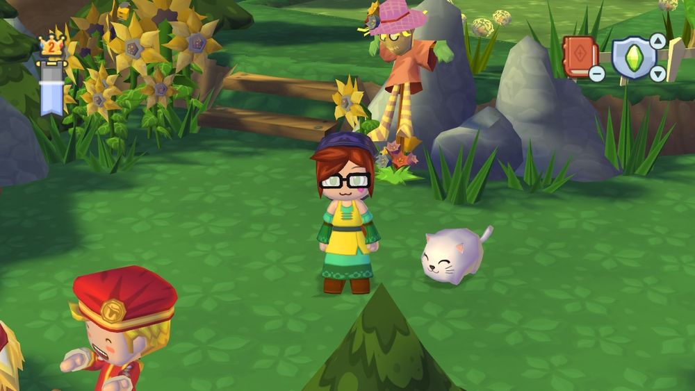 Screenshot of my character in Mysims Kingdom, standing by a little white cat.
