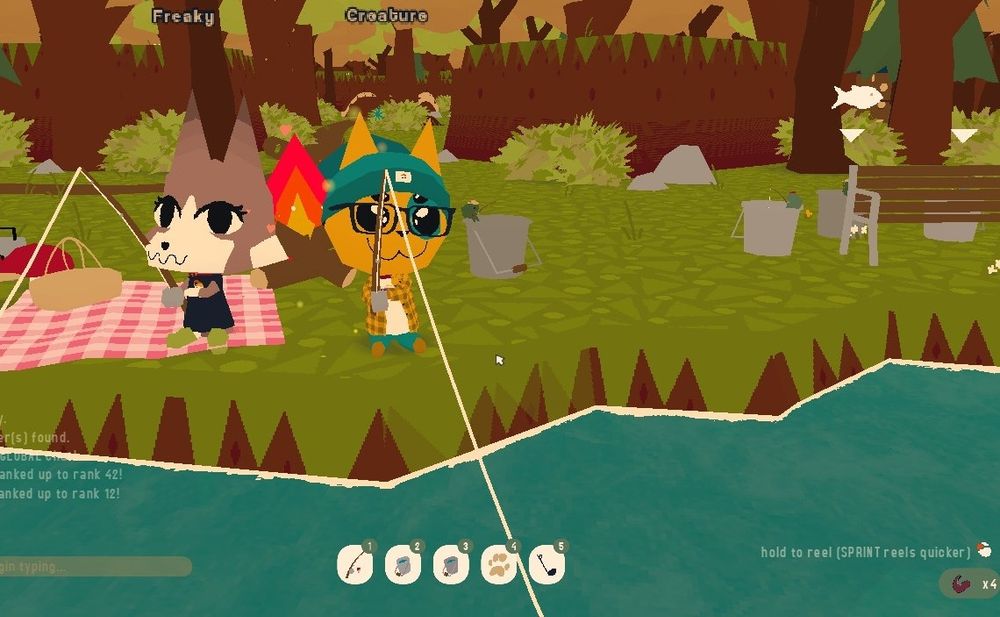 a webfishing screenshot featuring a brown and beige wolf and a yellow cat with 4 eyes and glasses.