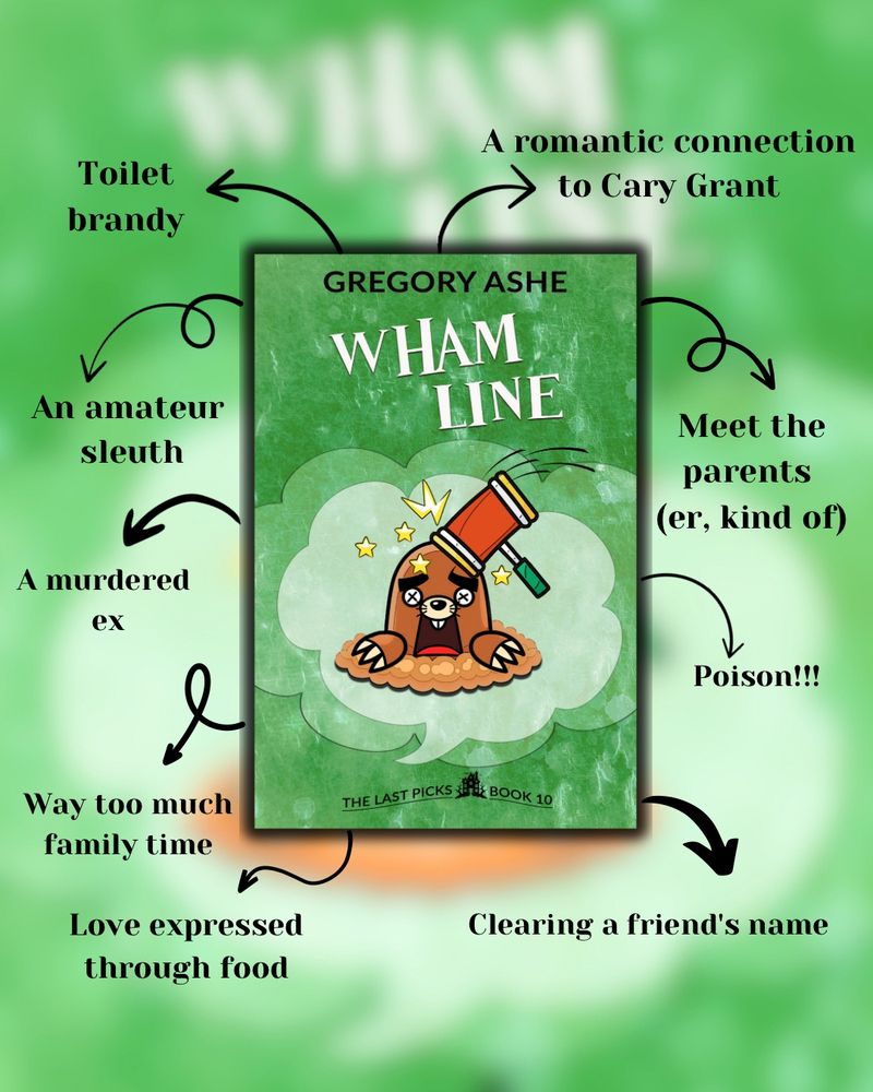 An amateur sleuth
A murdered ex
Clearing a friend's name
Love expressed through food
Meet the parents (er, kind of)
Way too much family time
A romantic connection to Cary Grant
Poison!!!
Toilet brandy