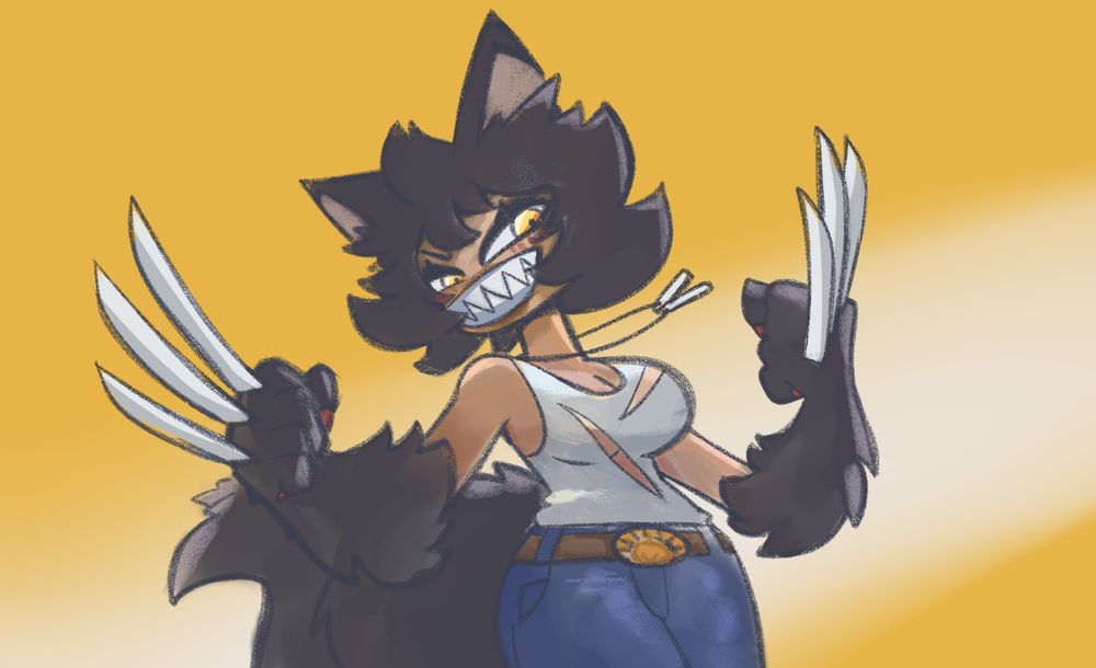 Waist up of rariatoo's werewolf, Rudy, with wolverine themed tank top, jeans and claws