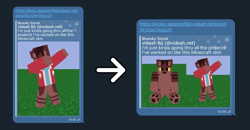 Showcase of two Telegram embed cards, on the left is a bsky.app link with a single image showing of my fursona as a Minecraft character dabbing

There is an arrow then pointing to the right with a vxsky link showing both of the images from the post rendering in the embed, with a sitting version of my fursona now visible.