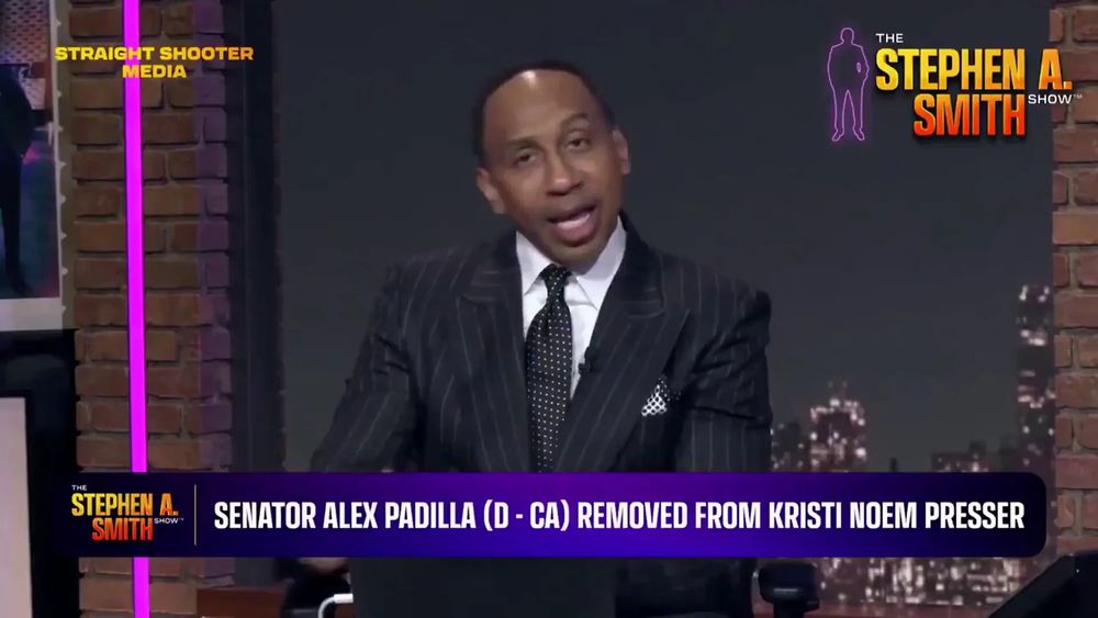 Stephen A. Smith, on The Stephen A. Smith Show, with his head cocked to the side and one eyebrow raised, talking about how rude Sen. Alex Padilla was immediately before being gang-tackled by a bunch of cops at a press conference.