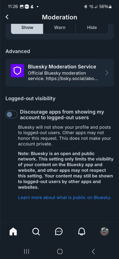 Moderation settings for Bluesky: toggle appears off