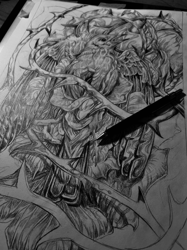 A surreal wip drawing of a bird fused with a flower, thorns wrap around him