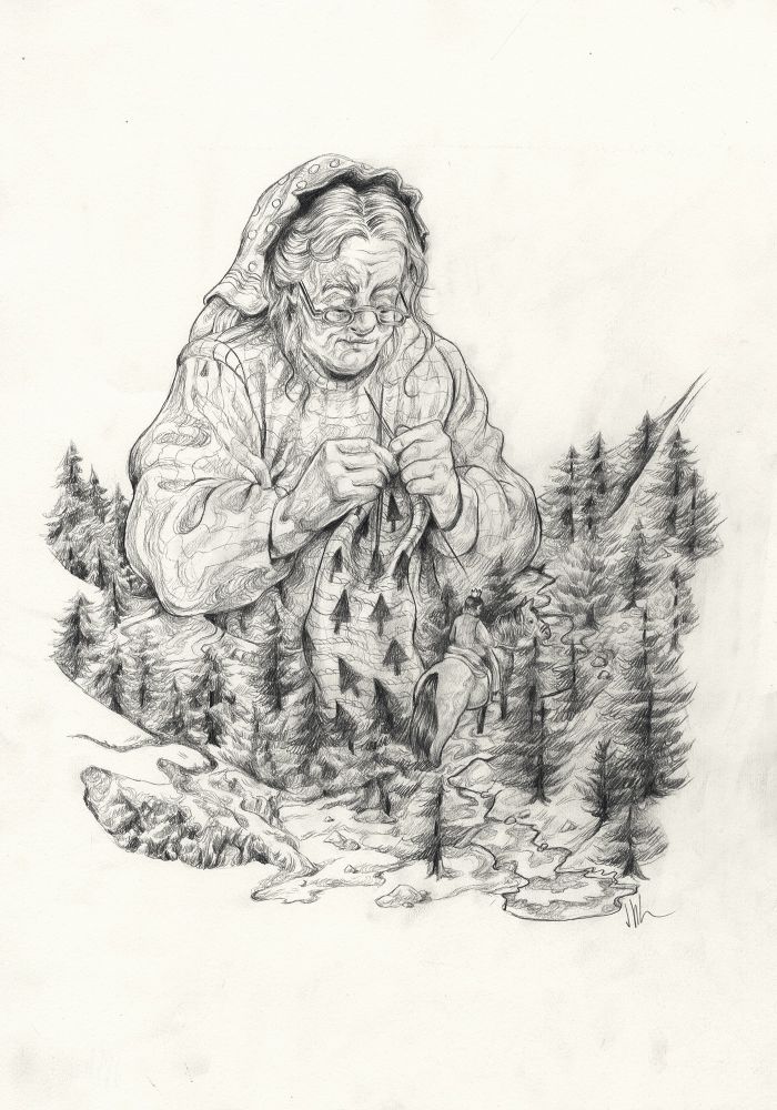 A drawing of a granny who is knitting a forest, for the prince to get lost in. 