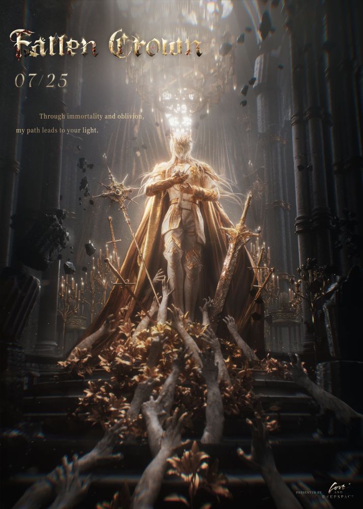Love and Deepspace Fallen Crown poster, Xavier bathed in golden light at the top of the stairs surrounded by swords pierced into the ground and hands crawling and grasping towards him as golden flowers cascade down the hands and stairs 