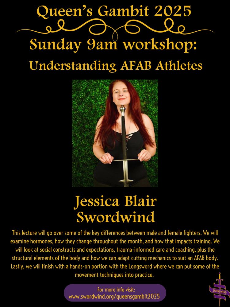Poster for Queens Gambit 2025 announcing Jessica Blair as a presenter doing a workshop on Understanding AFAB Athletes. 