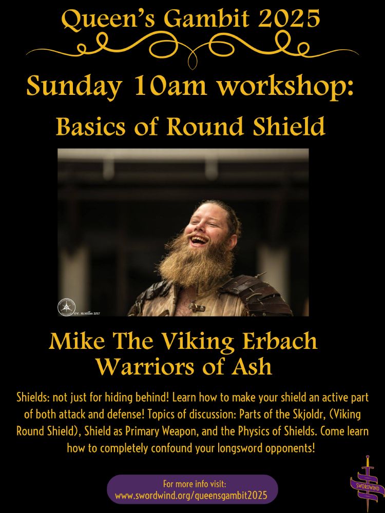 Poster for Queens Gambit 2025 with a photo and class info for Mike The Viking Erbach from Warriors of Ash.