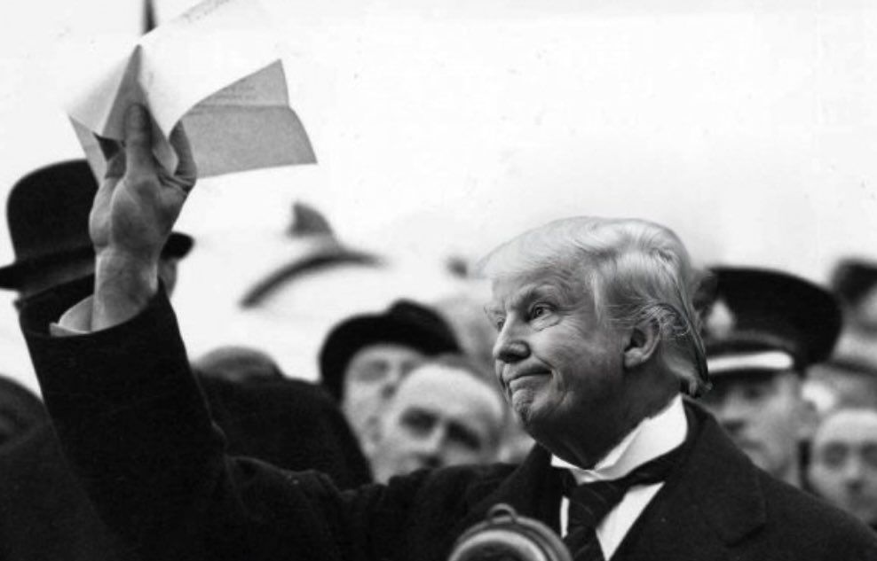 Chamberlain in 1938 with Trumps head