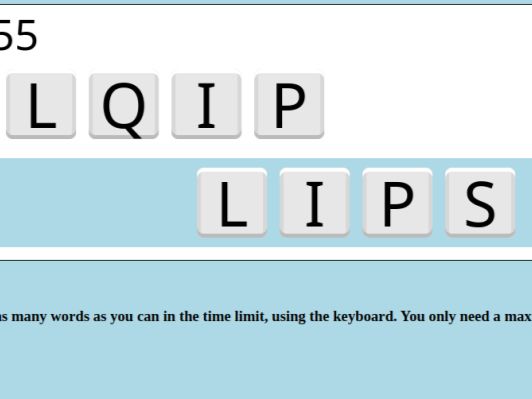 Two lines of letter dice on two backgrounds. One reads "AELQIP" and the other "LIPS". Below in small print are the rules of a word game.