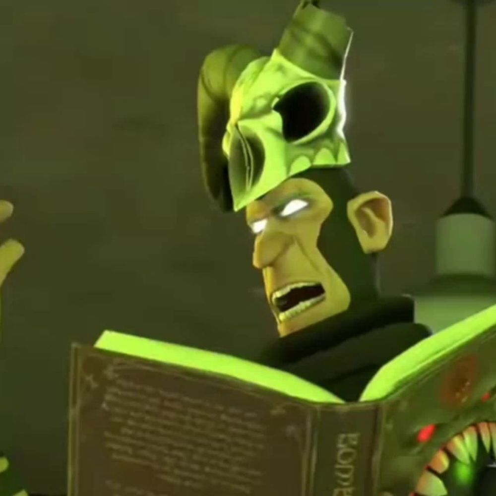 a cartoon character wearing a horned helmet is reading a book ..