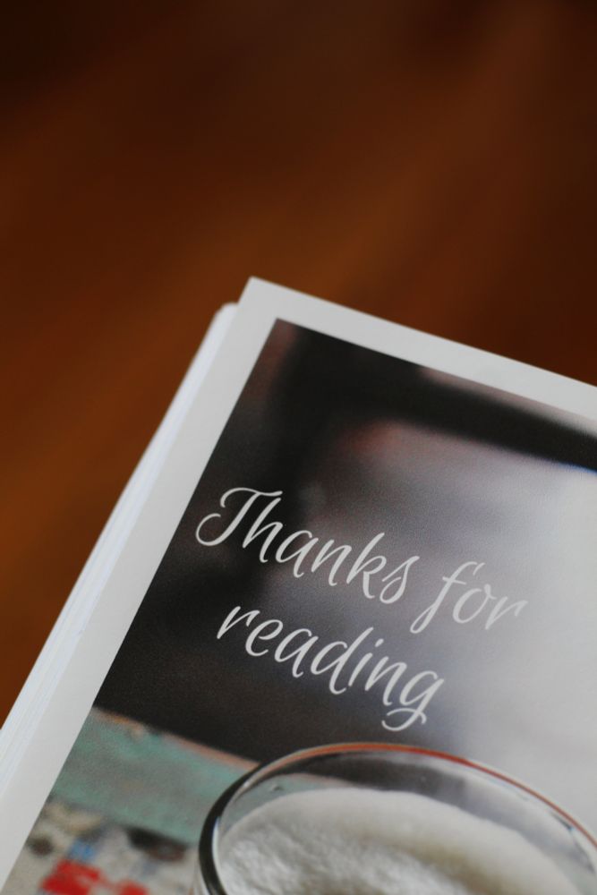 Photo of back cover of zine with text "Thanks for reading".