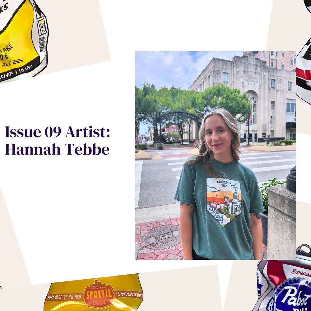 Graphic for Final Gravity Issue 09 artist Hannah Tebbe showing her portrait and fragments of her artwork.