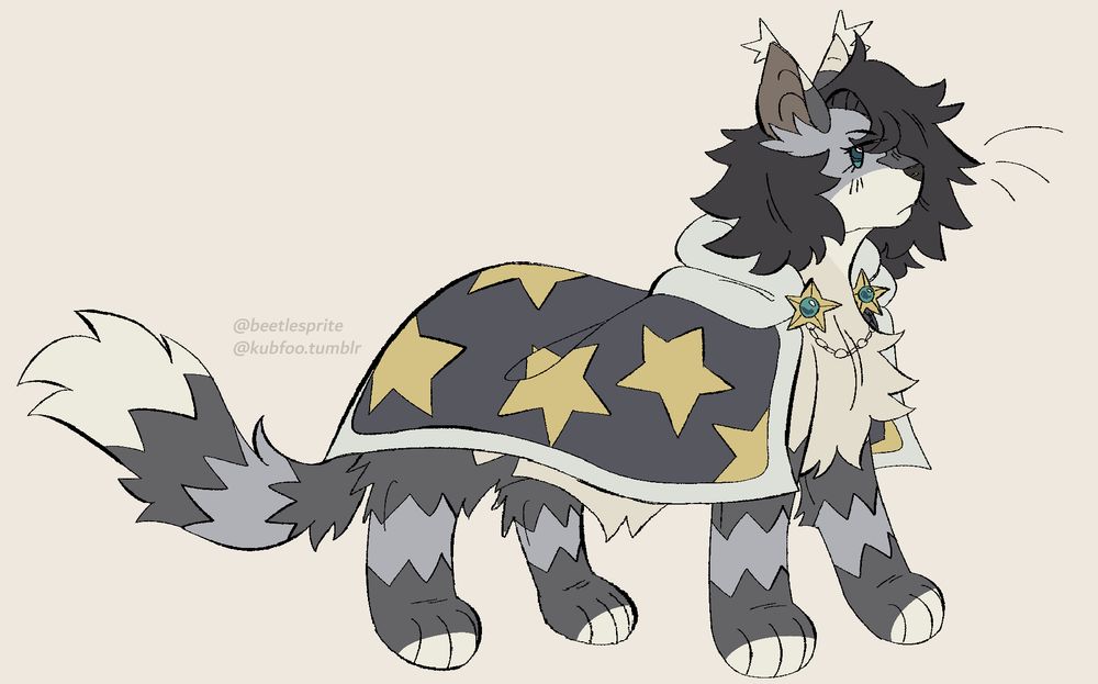 A digital drawing of a silver lynx point cat character. She has dark, long hair with bangs that cover her face. She wears a dull blue cloak with yellow stars stitched in and white trimmings, with metal star lapels that have blue gems embedded in them. Her fur is messy and spiky, and she's glancing at the viewer with a neutral expression.