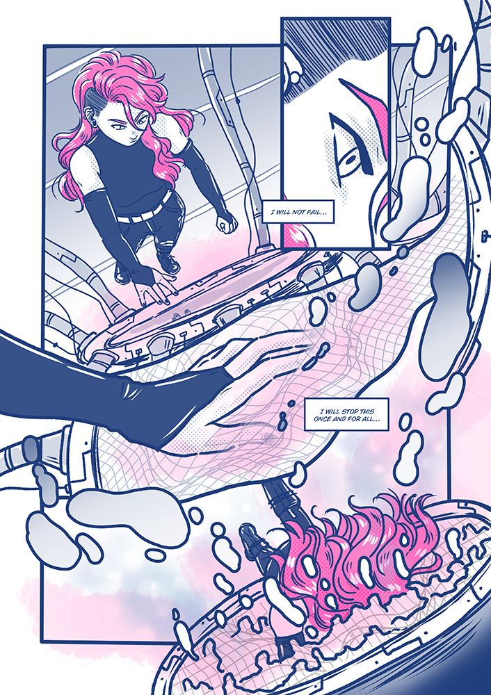 comic page from a sci-fi retelling of Through the Looking-Glass. First panel is a bird eye view of a female presenting character with pink wavy hair, piercings and an undercut, dressed in dark blue clothes. The colour palette of the page (and the whole comic) is pink/blue. The character is extending their hand to touch a sci-fi looking portal/mirror. Second panel is a close up on the character's eye with caption "I will not fail...".

