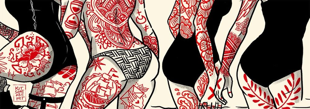 Four female presenting people showing their backs with focus on their butts. All four have red ink tattoos on the bits of skin that are uncovered 