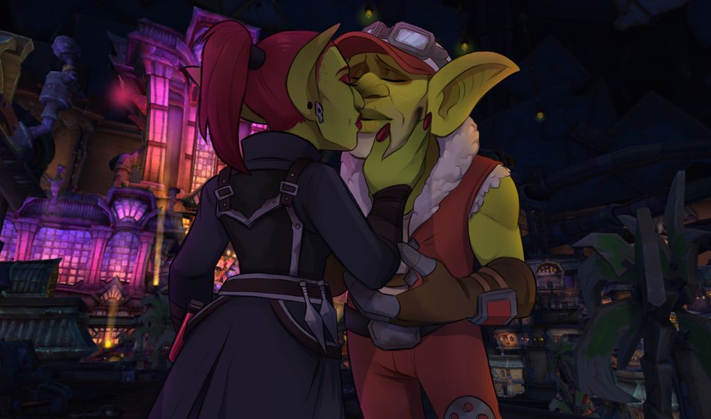 Cantix a red haired goblin woman in a Darkfuse uniform, softly kissing Gazlowe. We can see the Gallagio in the distance. 