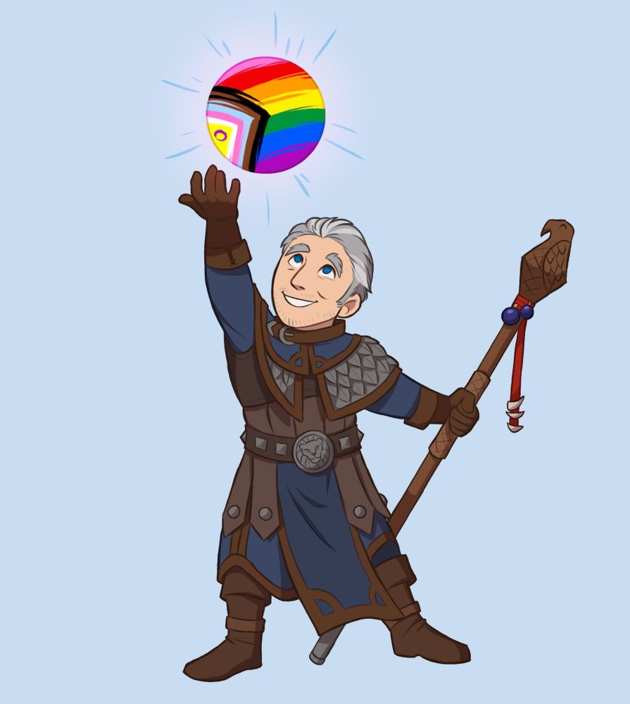 Khadgar holding a magic orb with the Progress Pride Flag.