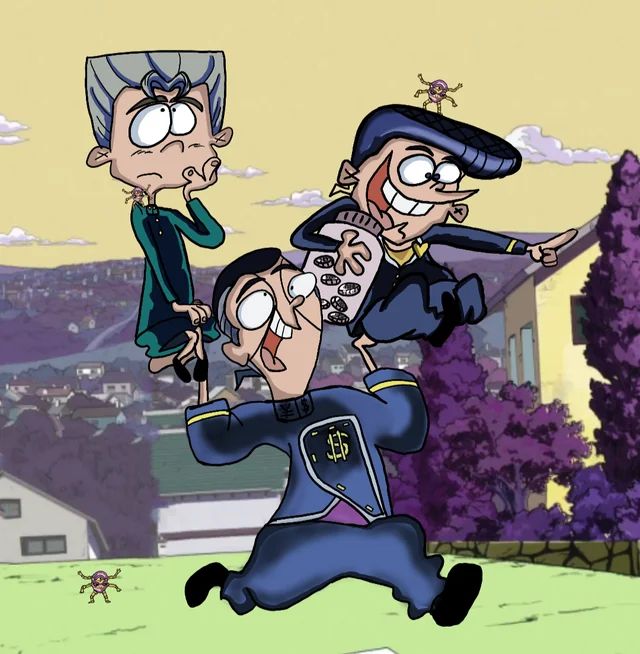 Ed, Edd and Eddy dressed as Jojo’s characters from Part 4, Diamond is Unbreakable. Source is at this link: https://www.reddit.com/r/wholesomejojo/comments/lc9enf/ed_edd_and_eddys_bizarre_adventure_by_me/