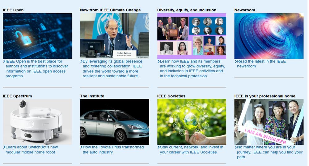 Screenshot from the IEEE front page, from Feb 16, 2025, showing images and links to eight different pages. The third spot is titled "Diversity, equity, and inclusion", with the text "Learn how IEEE and its members are working to grow diversity, equity, and inclusion in IEEE activities and in the technical profession".