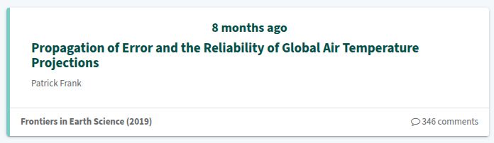 Pubpeer thread for the paper "Propagation of Error and the Reliability of Global Air Temperature Projections" by Patrick Frank. It has 346 comments.