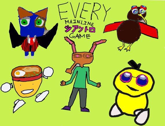 A cover that reads Every Mainline Siactro (in logo) Game with the blue bat in a monocle in the upper left corner, a flying bird in the upper right corner, a sentient bowl of ramen in the lower left corner and a yellow bird with sunglasses in the lower right corner.