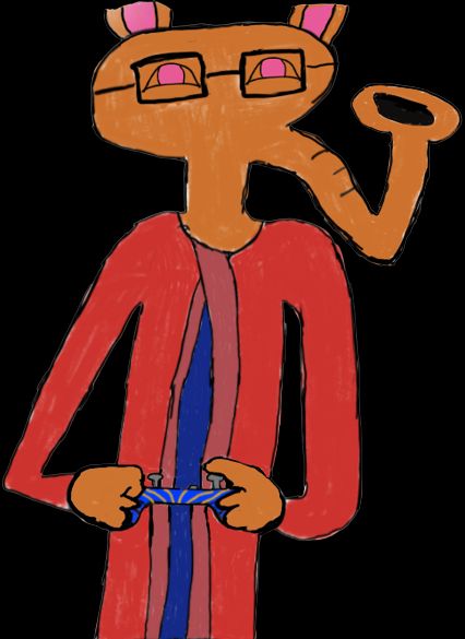 An anthropomorphic aardvark in a red bathrobe and dark blue shirt smiling with a blue and orange-striped controller.