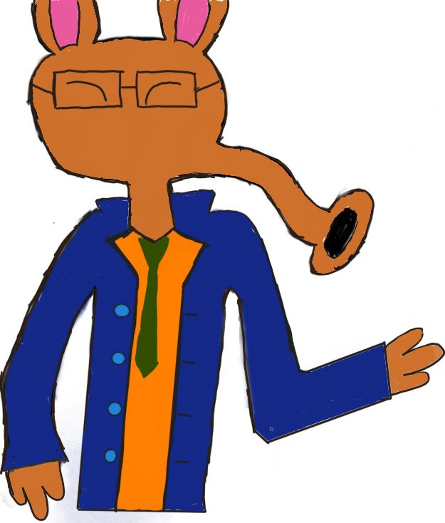 An anthropomorphic aardvark in a blue overcoat and green tie who is smiling.