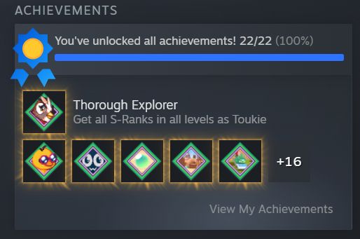 Steam achievement screenshot for Lunistice. The text reads "You've unlocked all achievements 22/22 (100%)"
The achievement last received reads "Thorough Explorer: Get all S-ranks in all levels as Toukie"