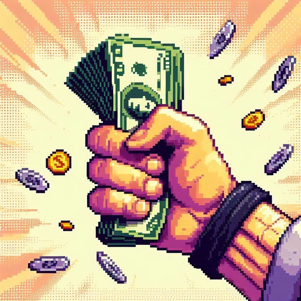 Cash grabbed in a fist. Pixel art style 