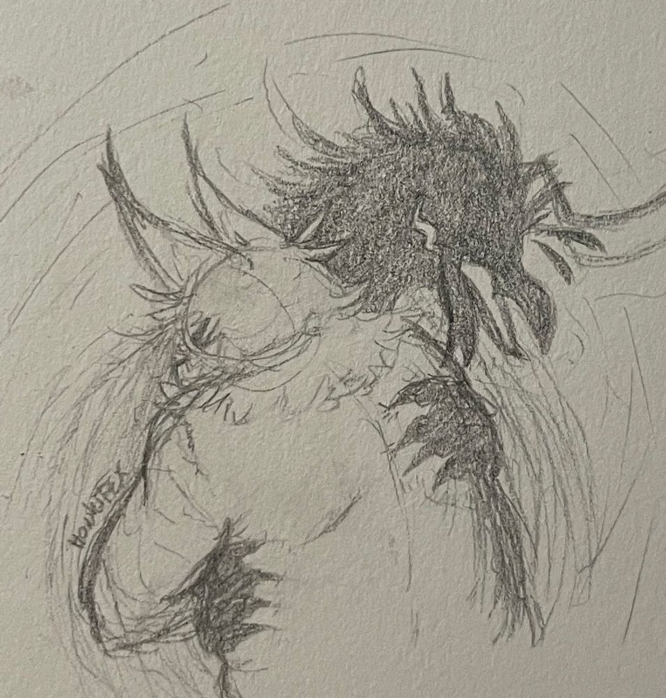 a pencil drawing of Jarovit (anthropomorphic), distressed, embracing what looks like the smiling silhouette of a younger Rowen, who is not embracing back, but rather grabbing Jarovit. (i forgot his wings until after i was done but i'm also just rolling with it)