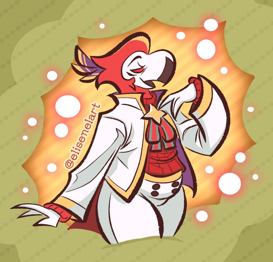 A drawing of Vassago from Helluva Boss. He's smiling while wearing a fancy white pant suit over a red sweater. He's also drawn more chubby than his design in the show.