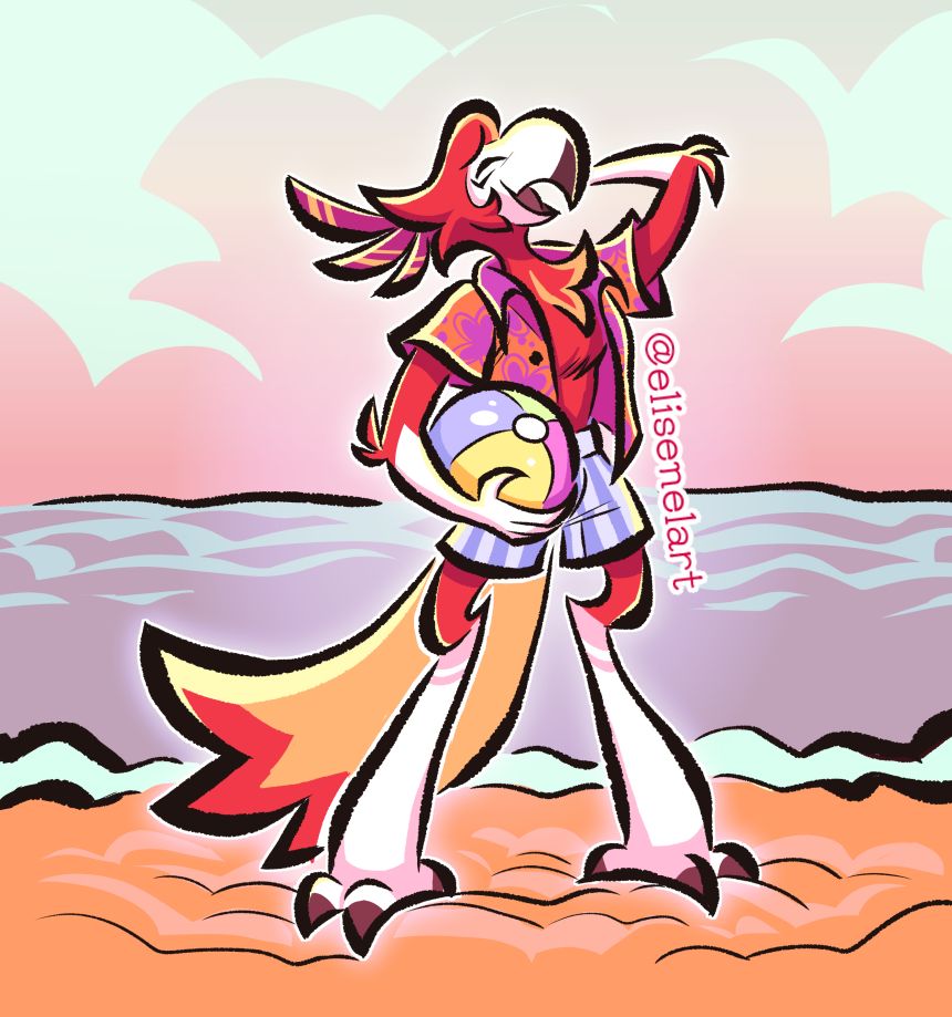 A drawing of Vassago from Helluva Boss. He's standing at a sea shore while holding a beach ball and smiling widely. He's also wearing striped beach shorts and an unbuttoned shirt with a flowery pattern on it.
