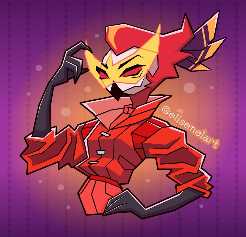 A waist-up drawing of Vassago from Helluva Boss. He has a hand on his hip and the other one is holding his glasses. He's also wearing a red leather jacket instead of his usual red blazer.