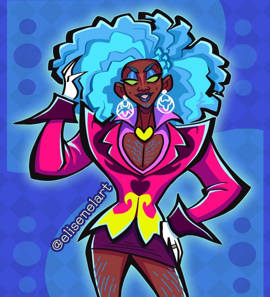 A drawing of Asmodeus from Helluva Boss as a human. He's depicted as a black person with deep dark skin, bright cyan afro hair and glowing green eyes. He's wearing big silver earrings that depict bull and ram heads as well as a pink blazer and a mini skirt.