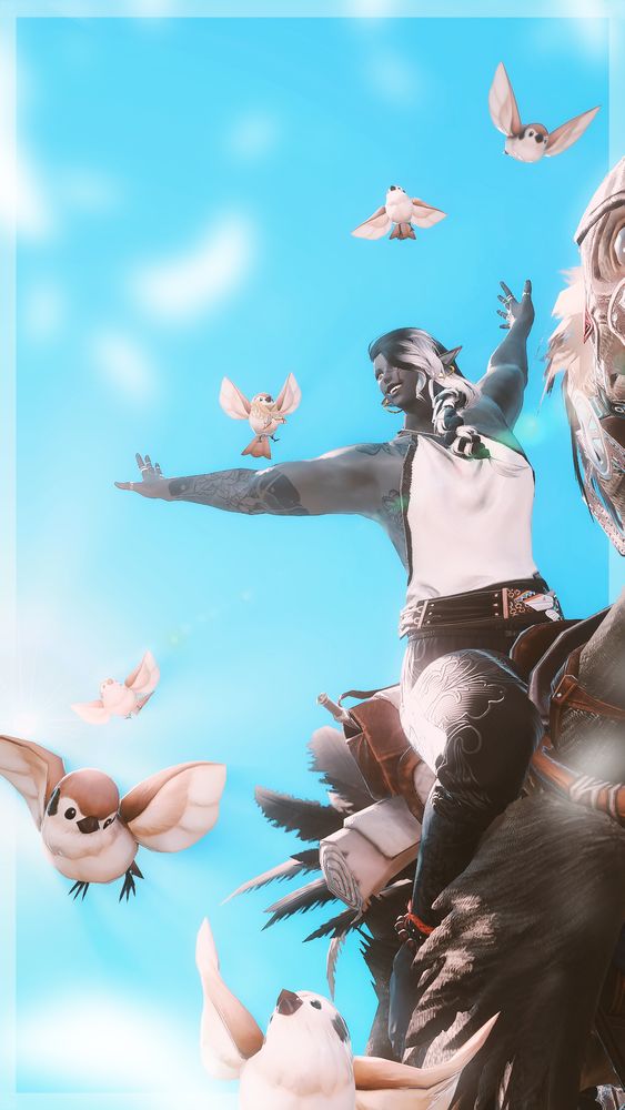 Image of Duskwight elezen riding on a chocobo under the sun and blue sky. They are surrounded by sparrows. Their arms are stretched out as if flying.