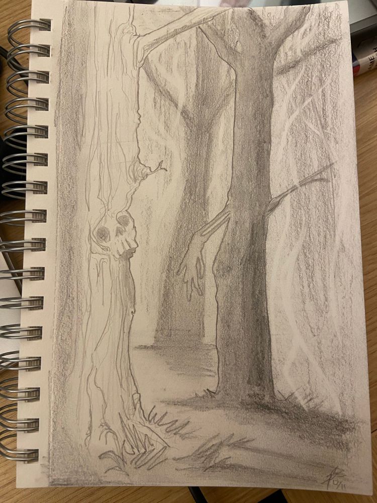 A pencil sketch of a shadowy and dark forest, the trees have bones growing out of them.